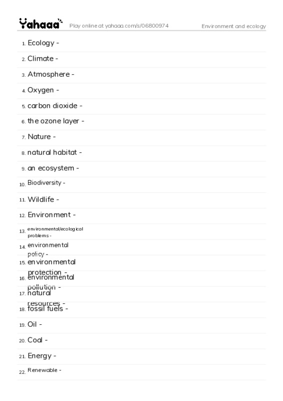Word list with meanings worksheet for Environment and ecology