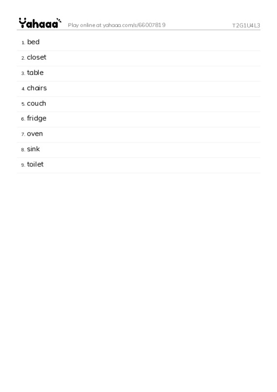 Word list with meanings worksheet for T2G1U4L3