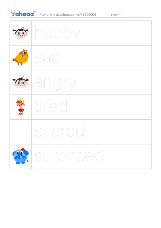 Picture and word rows worksheet for My emotions