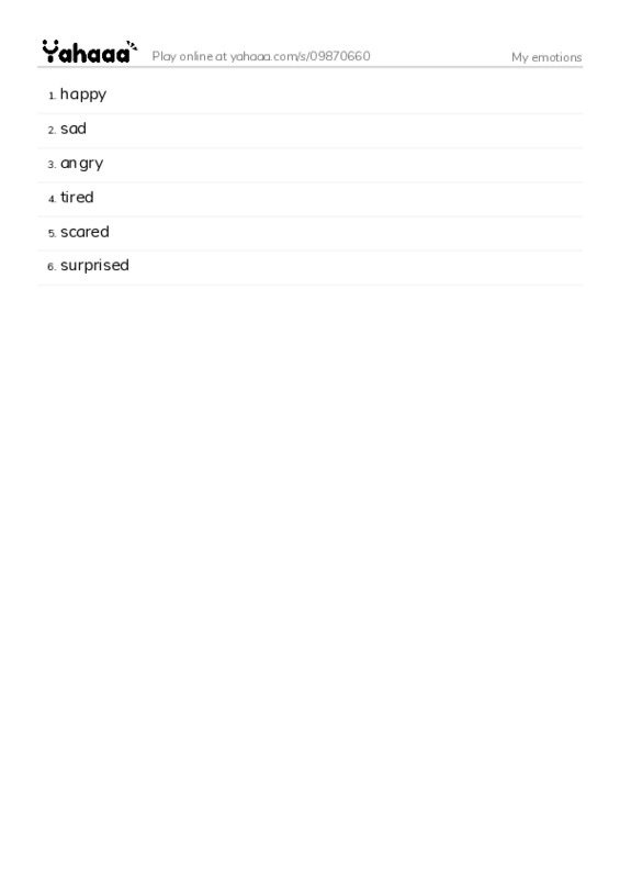 Word list with meanings worksheet for My emotions