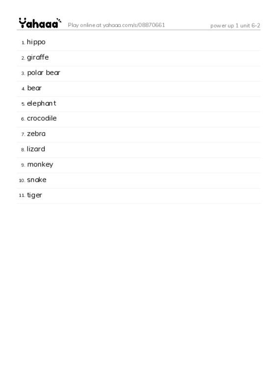 Word list with meanings worksheet for power up 1 unit 6-2