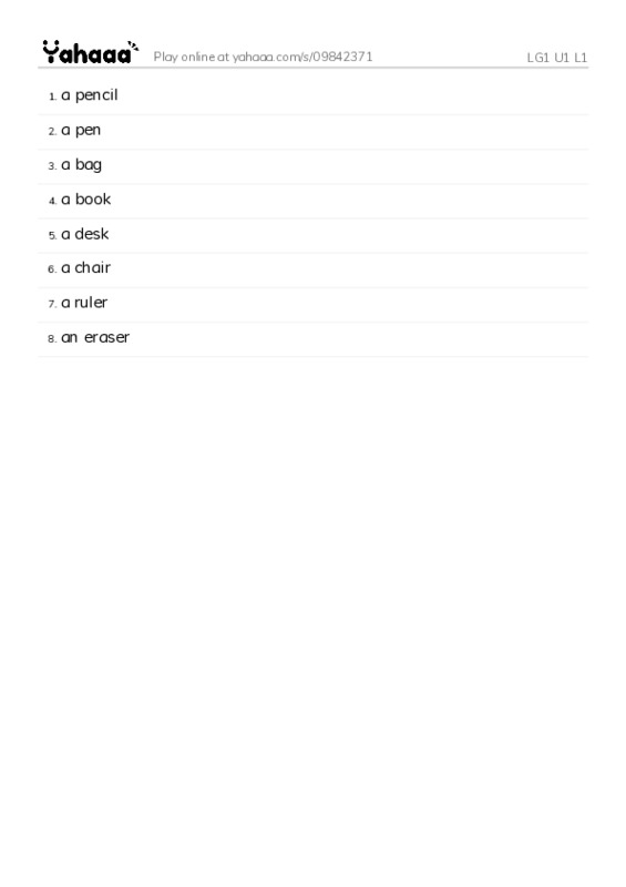 Word list with meanings worksheet for LG1 U1 L1