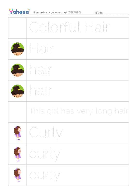 Picture and word rows worksheet for Colorful Hair, Hair, hair and 10 more