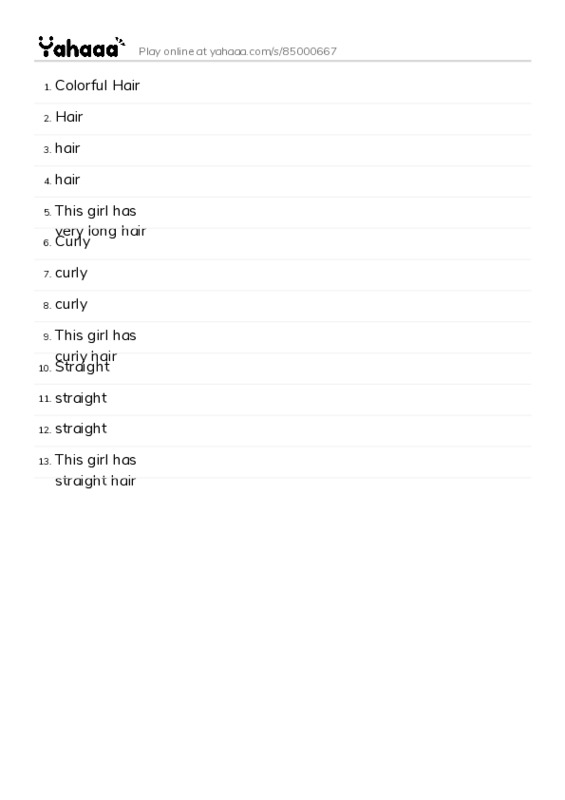 Word list with meanings worksheet for Colorful Hair, Hair, hair and 10 more