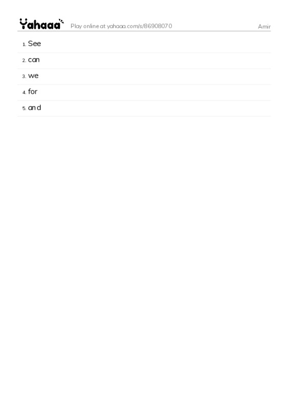 Word list with meanings worksheet for Amir