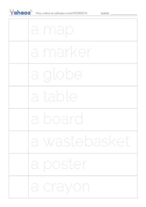 Picture and word rows worksheet for Class Room Objects