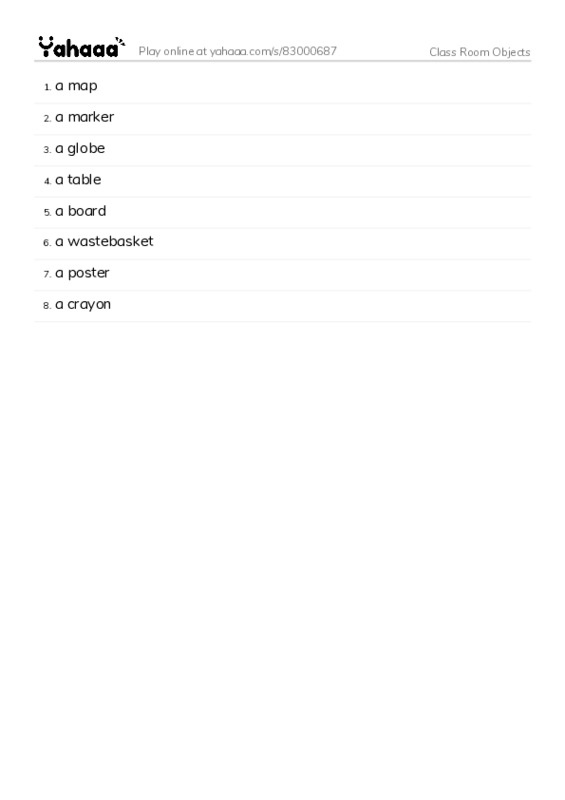 Word list with meanings worksheet for Class Room Objects