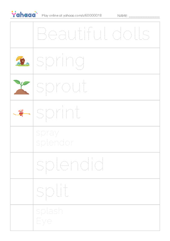 Picture and word rows worksheet for Beautiful dolls, spring, sprout and 9 more