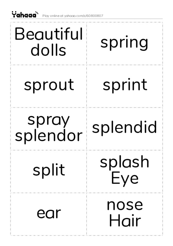 Word flashcards worksheet for Beautiful dolls, spring, sprout and 9 more