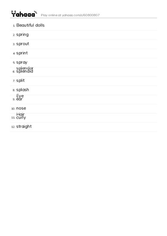 Word list with meanings worksheet for Beautiful dolls, spring, sprout and 9 more