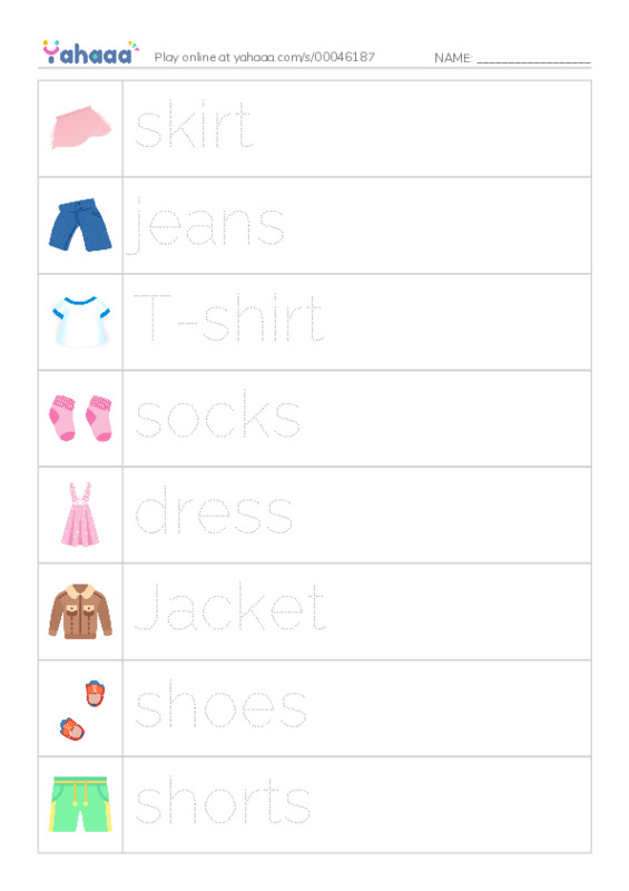 Picture and word rows worksheet for CLOTHES