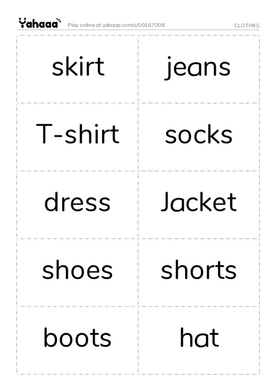 Word flashcards worksheet for CLOTHES