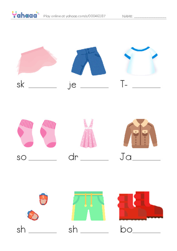 Finish the word worksheet for CLOTHES