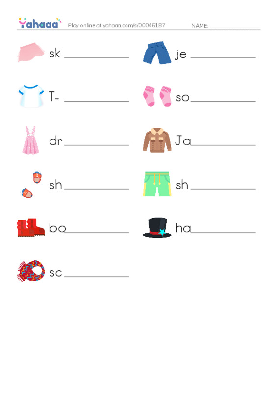 Write the word rows worksheet for CLOTHES