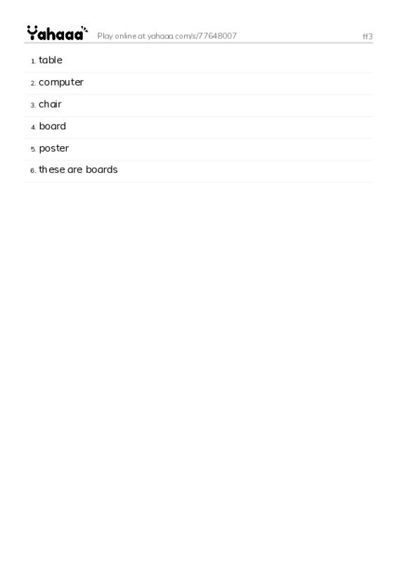 Word list with meanings worksheet for ff3