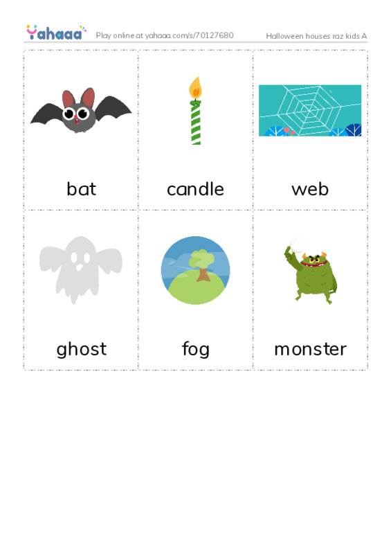 Picture flashcards worksheet for Halloween houses raz kids A