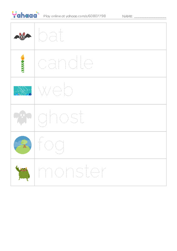 Picture and word rows worksheet for Halloween houses raz kids A