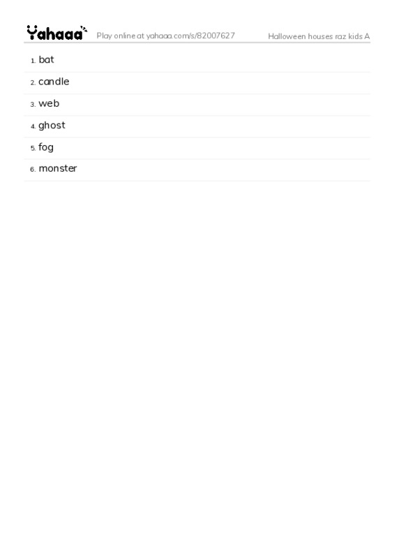 Word list with meanings worksheet for Halloween houses raz kids A