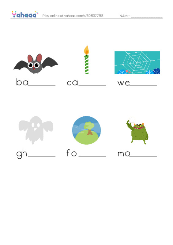 Finish the word worksheet for Halloween houses raz kids A