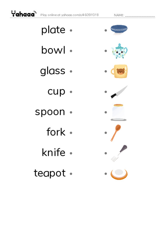 Draw a line to match worksheet for Things in the Kitchen