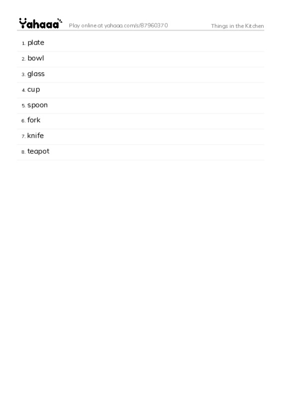 Word list with meanings worksheet for Things in the Kitchen