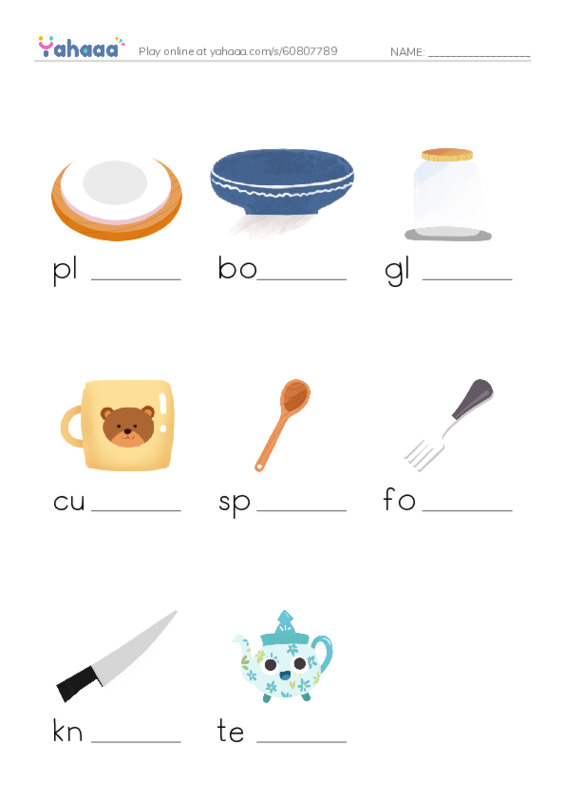 Finish the word worksheet for Things in the Kitchen