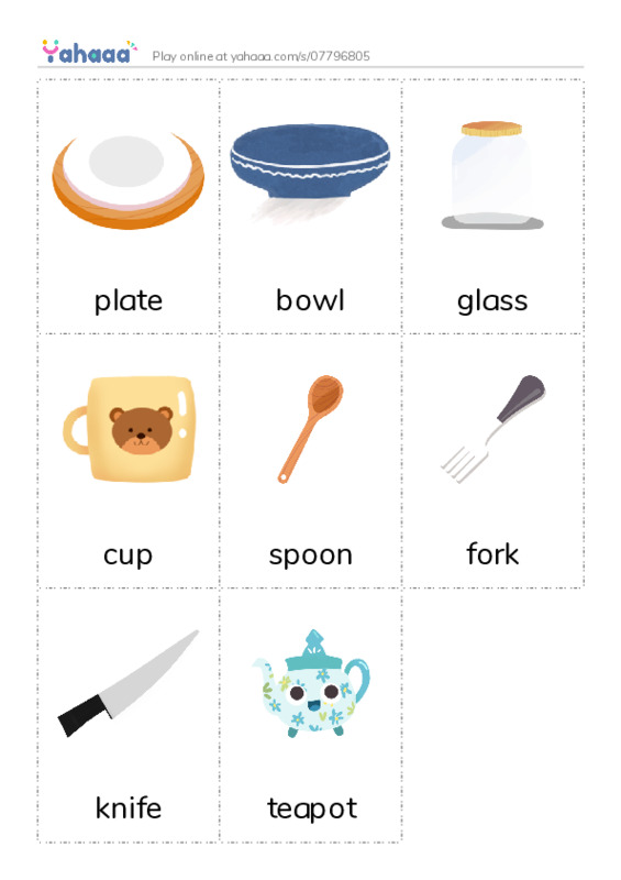 Picture flashcards worksheet for plate, bowl, glass and 5 more