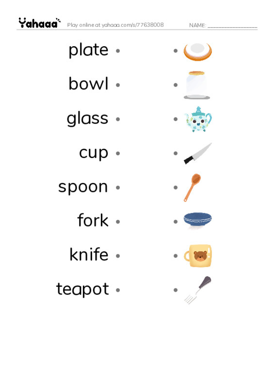 Draw a line to match worksheet for plate, bowl, glass and 5 more