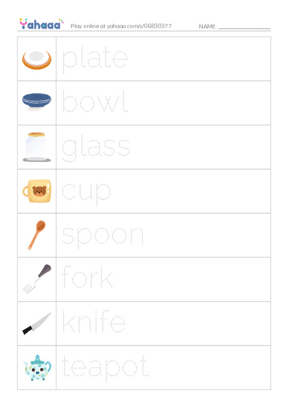 Picture and word rows worksheet for plate, bowl, glass and 5 more