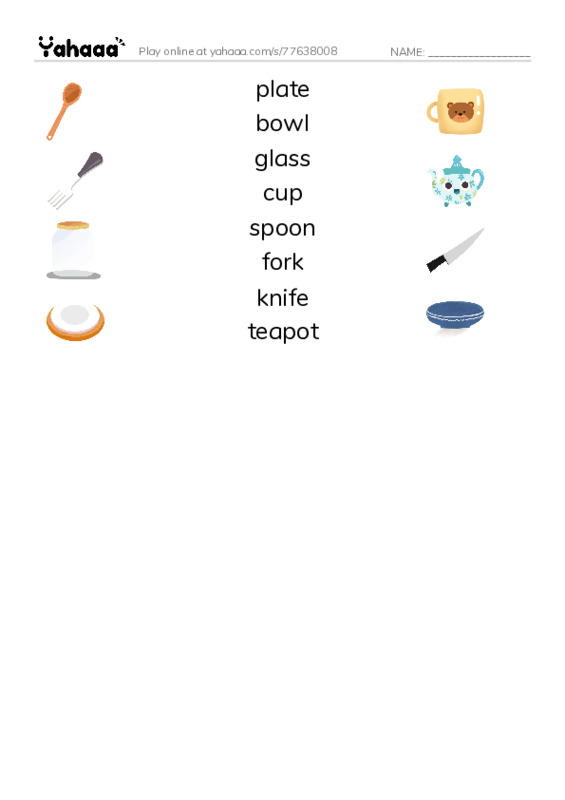 Match both sides worksheet for plate, bowl, glass and 5 more