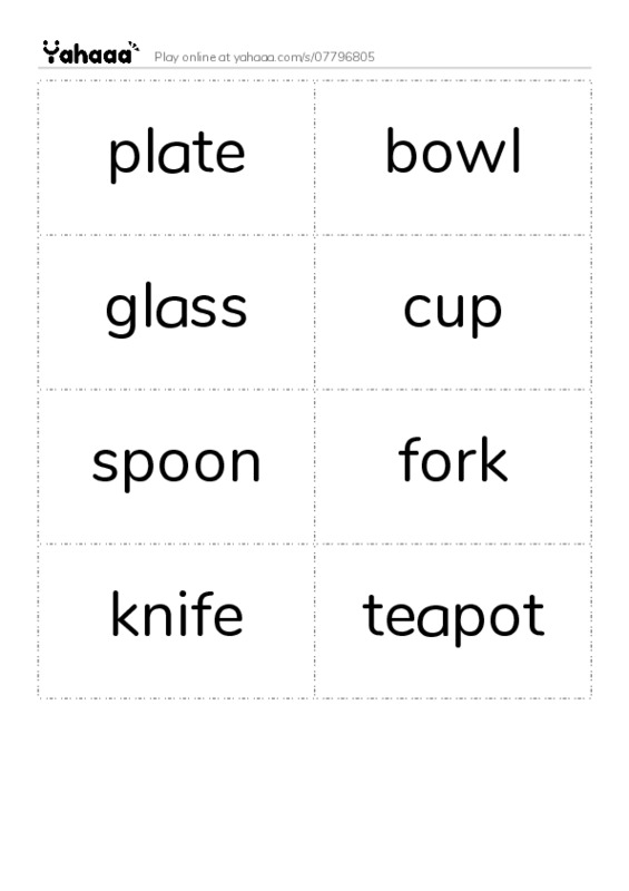 Word flashcards worksheet for plate, bowl, glass and 5 more