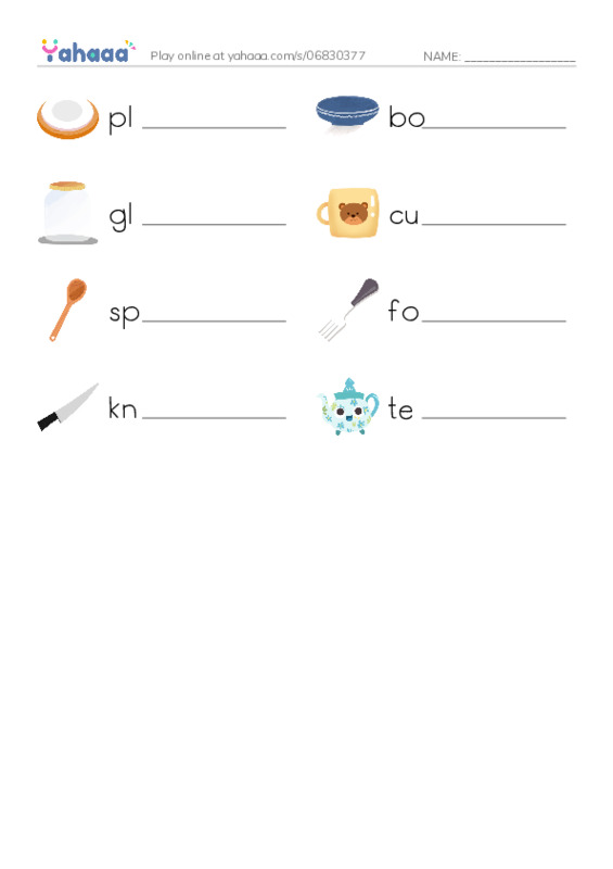 Write the word rows worksheet for plate, bowl, glass and 5 more