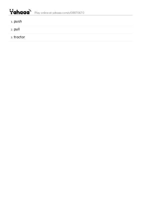 Word list with meanings worksheet for push, pull, tractor