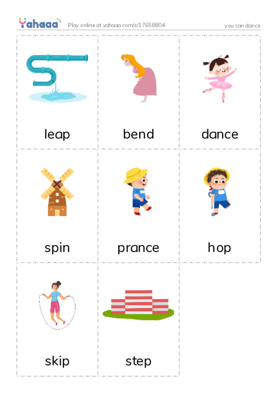 Picture flashcards worksheet for you can dance