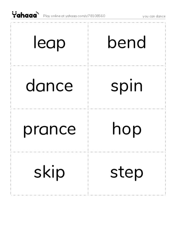 Word flashcards worksheet for you can dance
