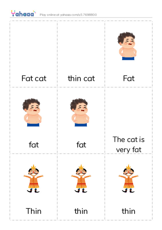 Picture flashcards worksheet for Fat cat, thin cat, Fat and 11 more