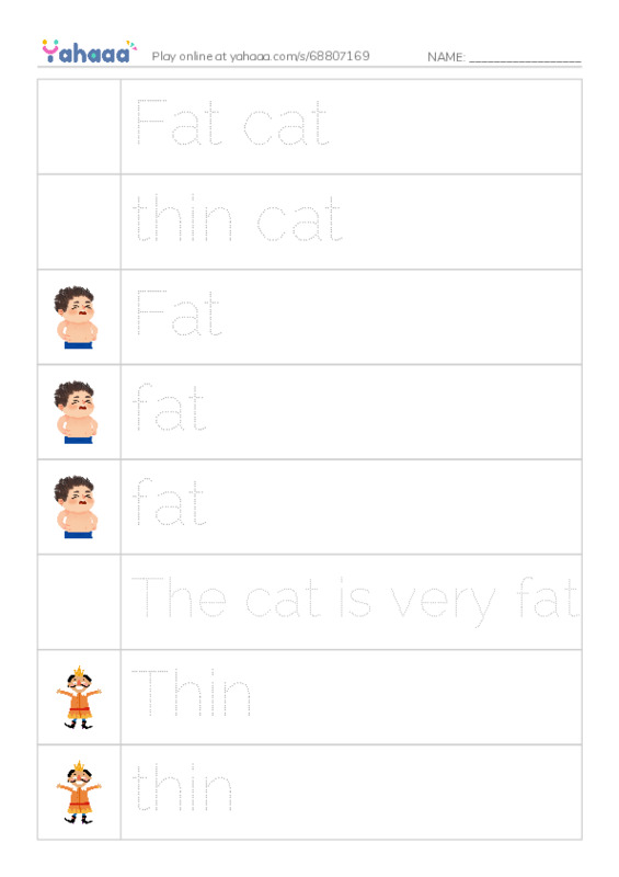 Picture and word rows worksheet for Fat cat, thin cat, Fat and 11 more