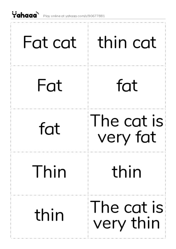 Word flashcards worksheet for Fat cat, thin cat, Fat and 11 more