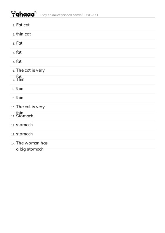 Word list with meanings worksheet for Fat cat, thin cat, Fat and 11 more