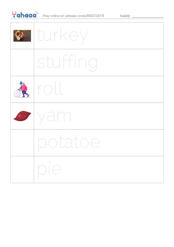 Picture and word rows worksheet for smells like thanksgiving
