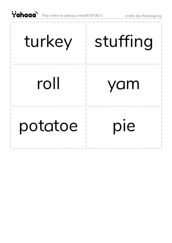 Word flashcards worksheet for smells like thanksgiving