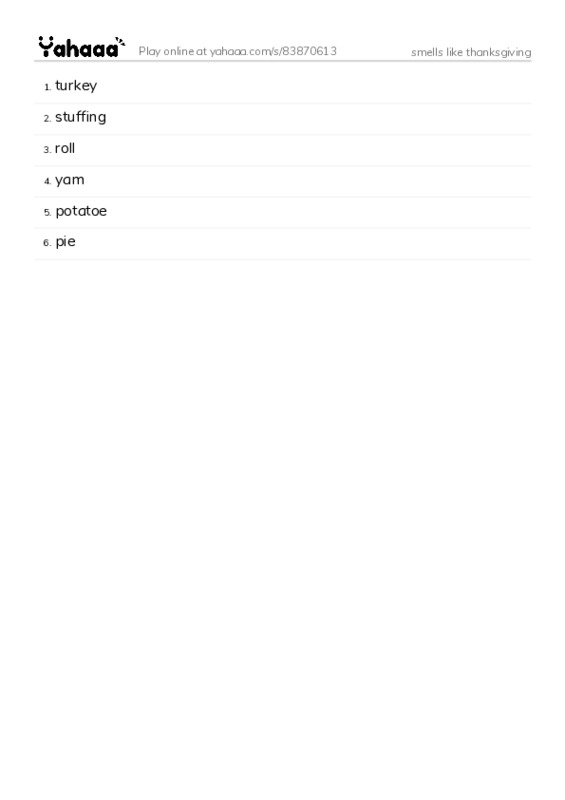 Word list with meanings worksheet for smells like thanksgiving