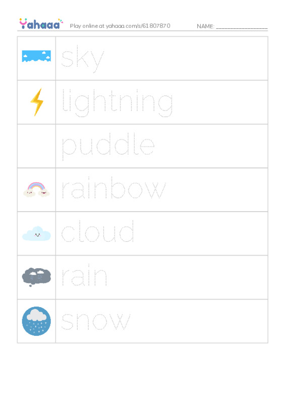 Picture and word rows worksheet for the rainstorm