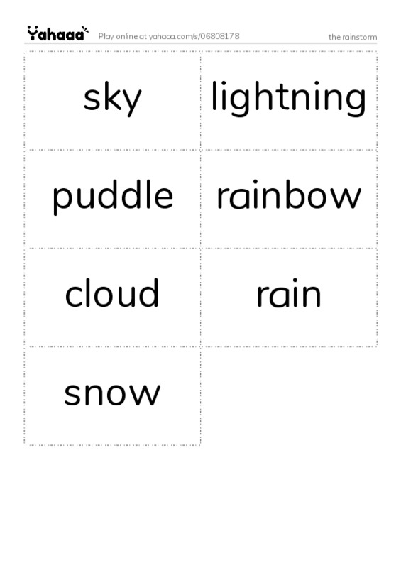 Word flashcards worksheet for the rainstorm