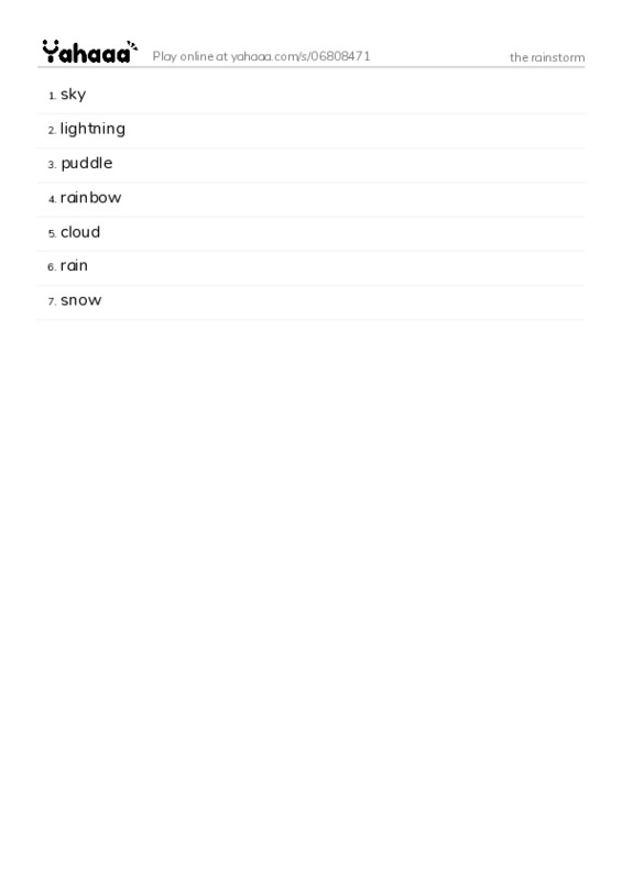 Word list with meanings worksheet for the rainstorm