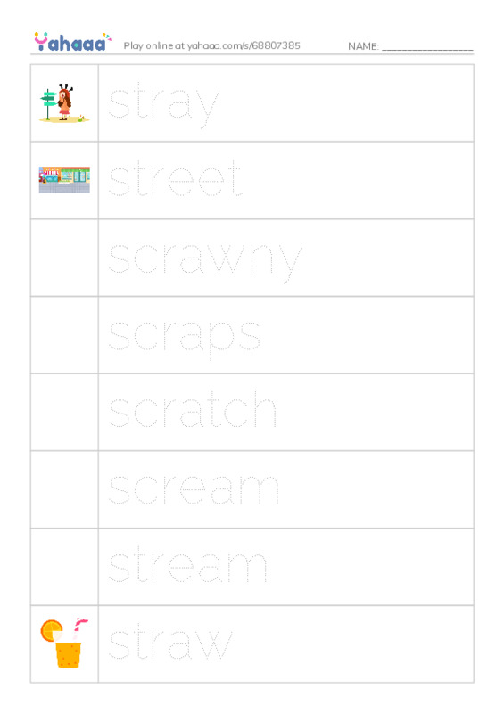Picture and word rows worksheet for stray, street, scrawny and 5 more