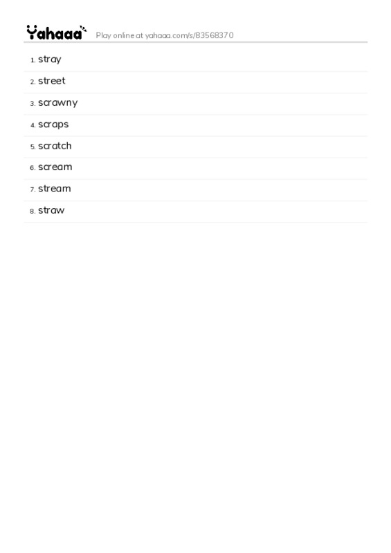 Word list with meanings worksheet for stray, street, scrawny and 5 more