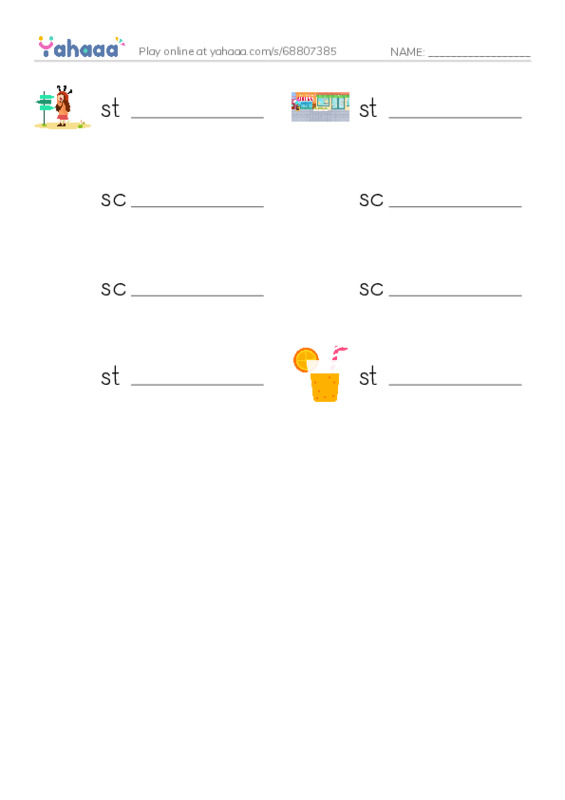 Write the word rows worksheet for stray, street, scrawny and 5 more