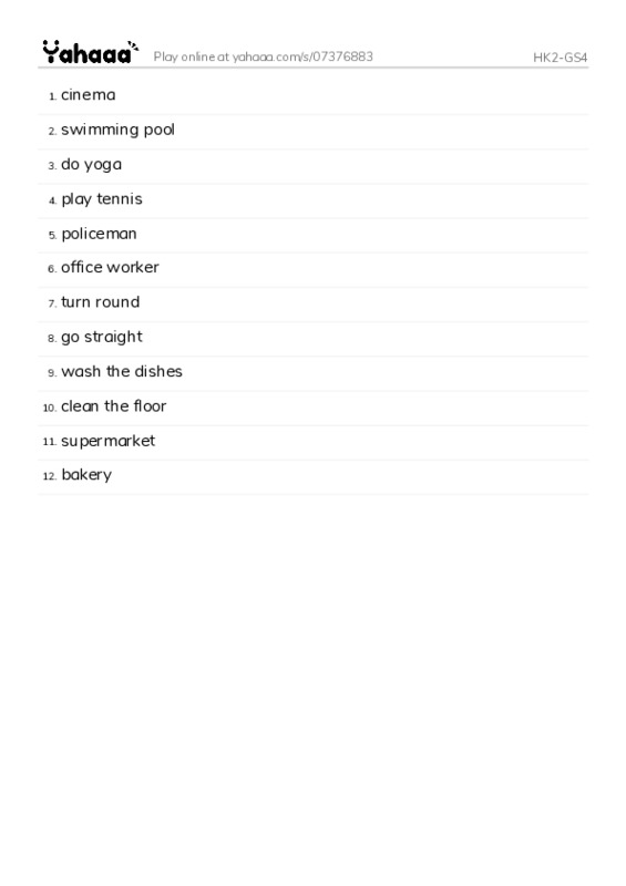 Word list with meanings worksheet for HK2-GS4