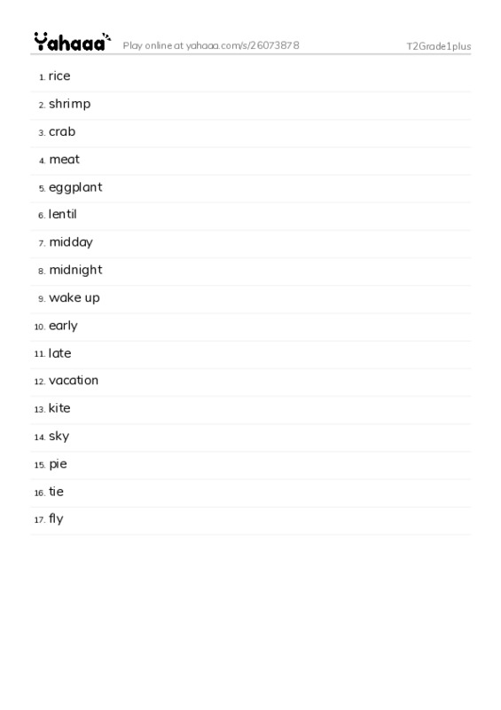 Word list with meanings worksheet for T2Grade1plus